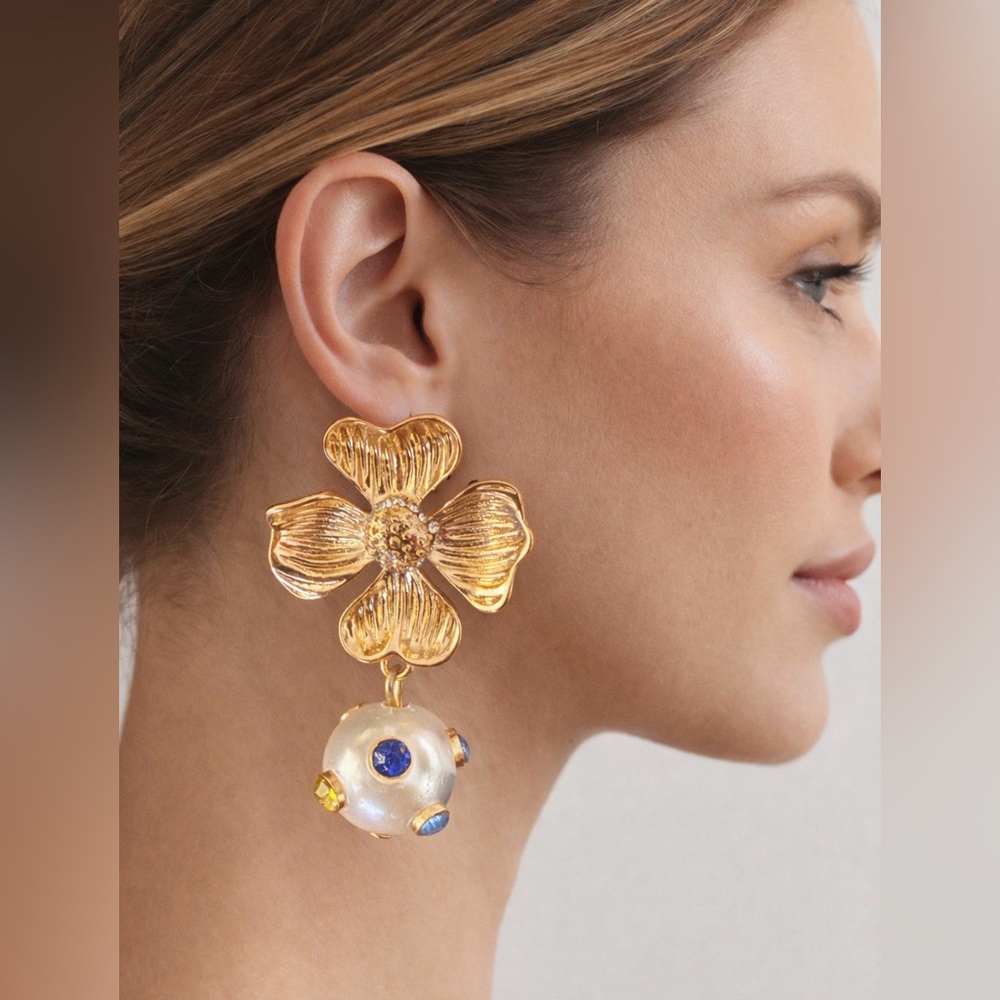 Gold and Pearl Floral Drop Earrings with colored gems -Neiman Marcus